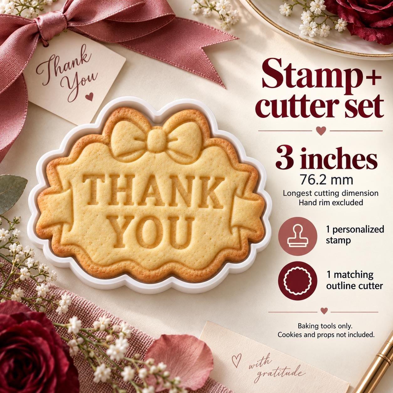 Personalized Bow Plaque Cookie Stamp and Cutter, 3-Inch Custom Message Set - Image 4