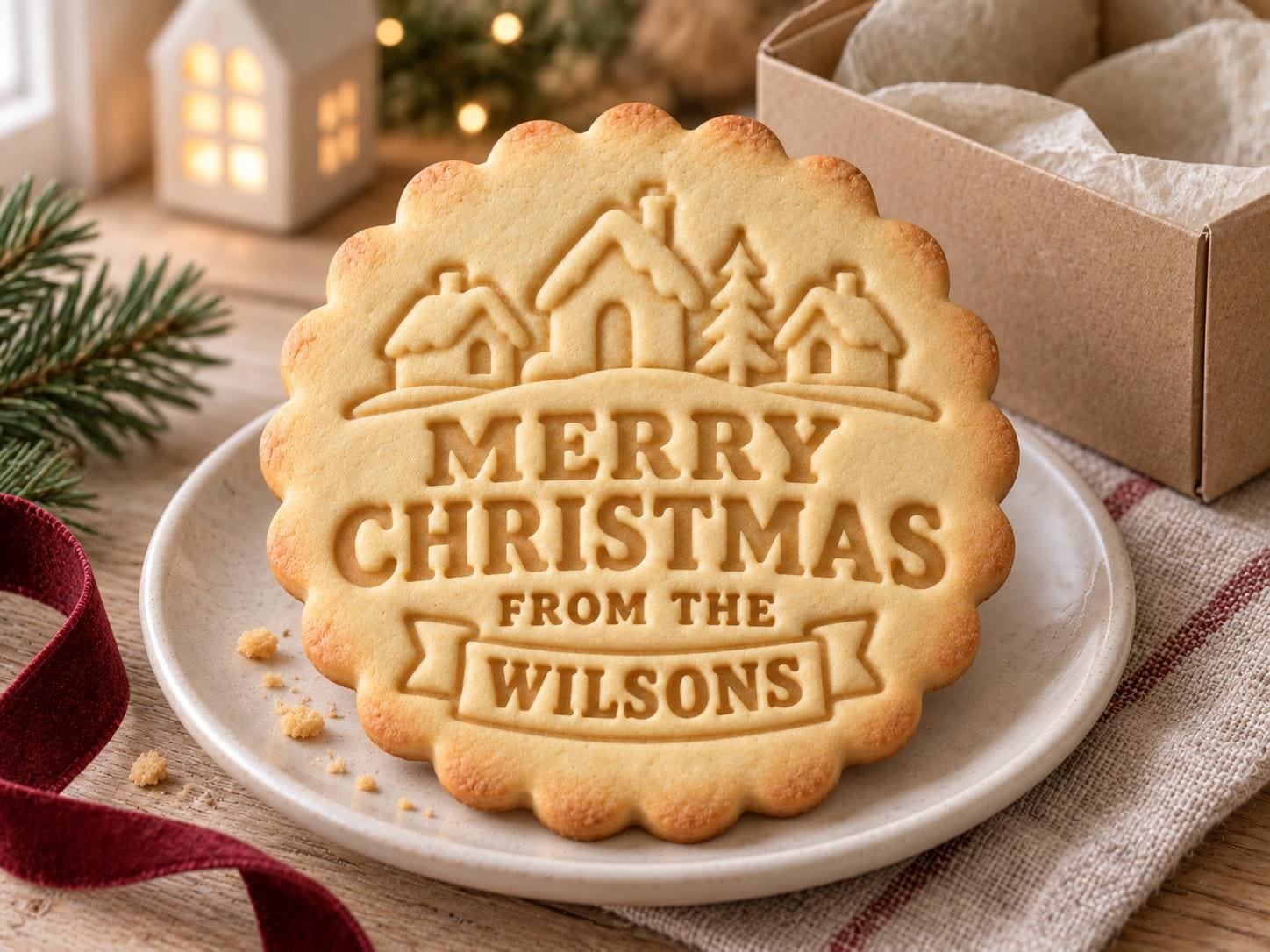 Personalized Christmas Village Cookie Cutter and Stamp Set, Scalloped Family Name, 3 Inch - Image 6