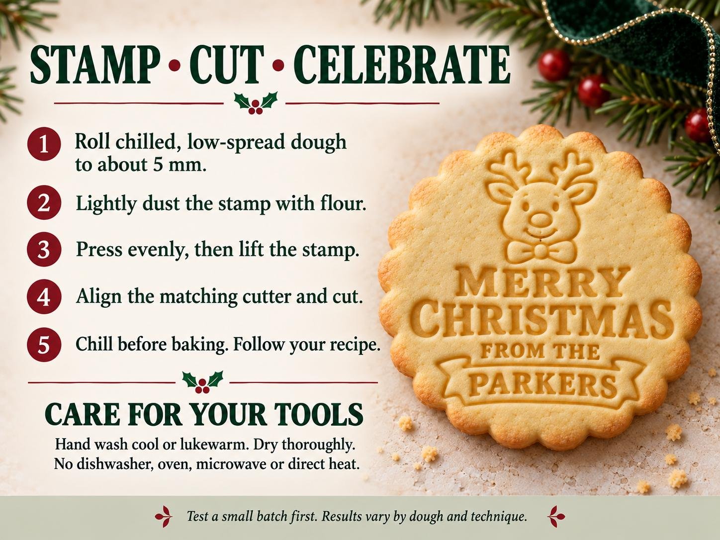 Personalized Reindeer Christmas Cookie Cutter and Stamp Set, Scalloped Family Name, 3 Inch - Image 7