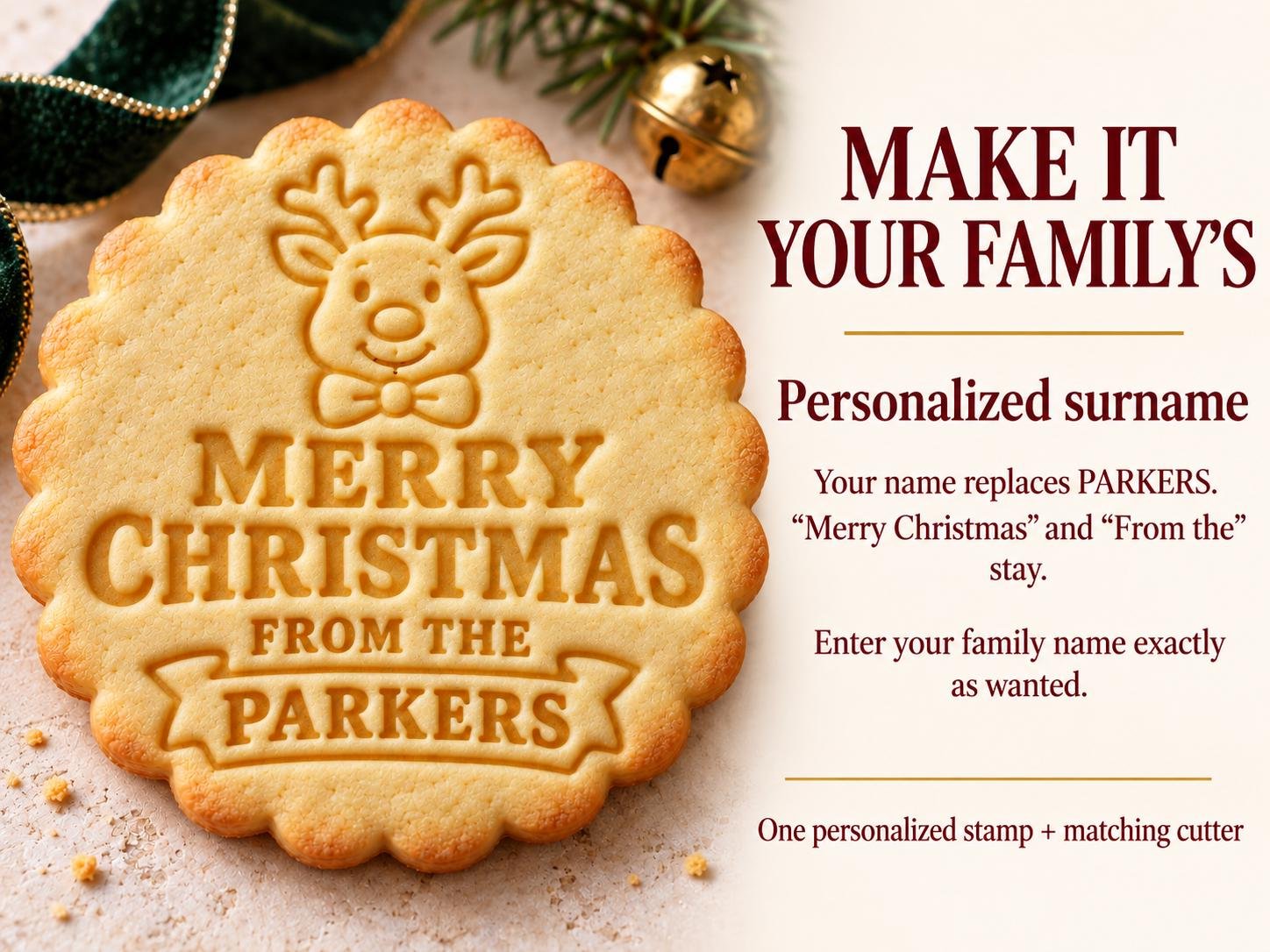Personalized Reindeer Christmas Cookie Cutter and Stamp Set, Scalloped Family Name, 3 Inch - Image 4