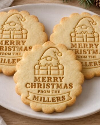 Personalized Gnome Christmas Cookie Cutter and Stamp Set, Scalloped Family Name, 3 Inch
