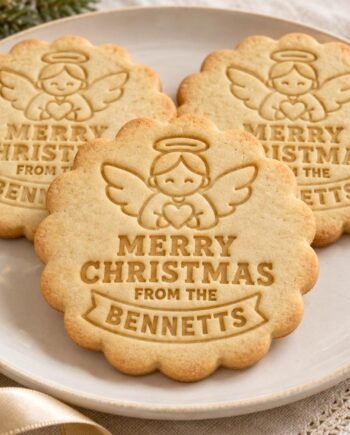 Personalized Christmas Angel Cookie Cutter and Stamp Set, Scalloped Family Name, 3 Inch