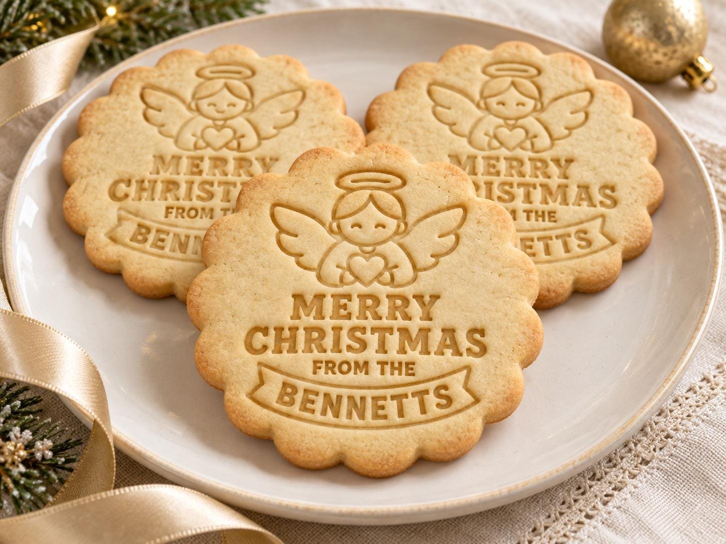 Personalized Christmas Angel Cookie Cutter and Stamp Set, Scalloped Family Name, 3 Inch