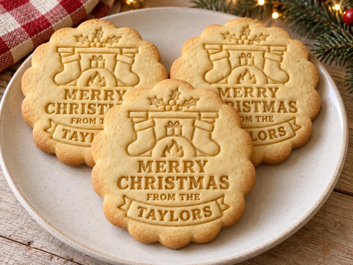 Personalized Christmas Fireplace Cookie Cutter and Stamp Set, Stockings Family Name, 3 Inch
