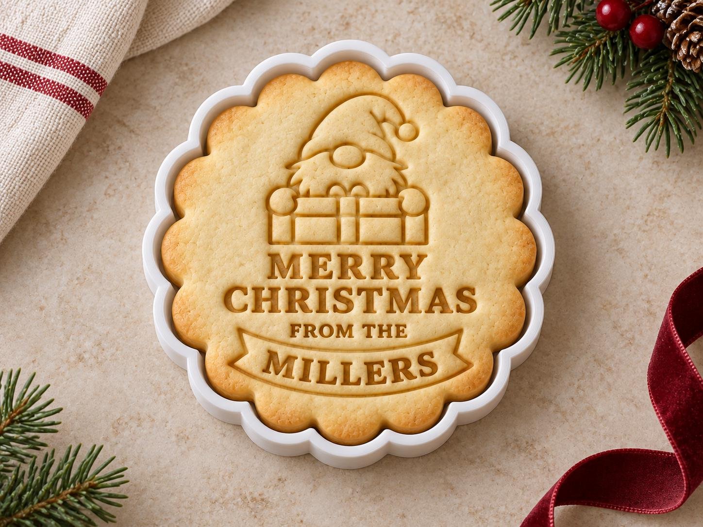 Personalized Gnome Christmas Cookie Cutter and Stamp Set, Scalloped Family Name, 3 Inch - Image 3