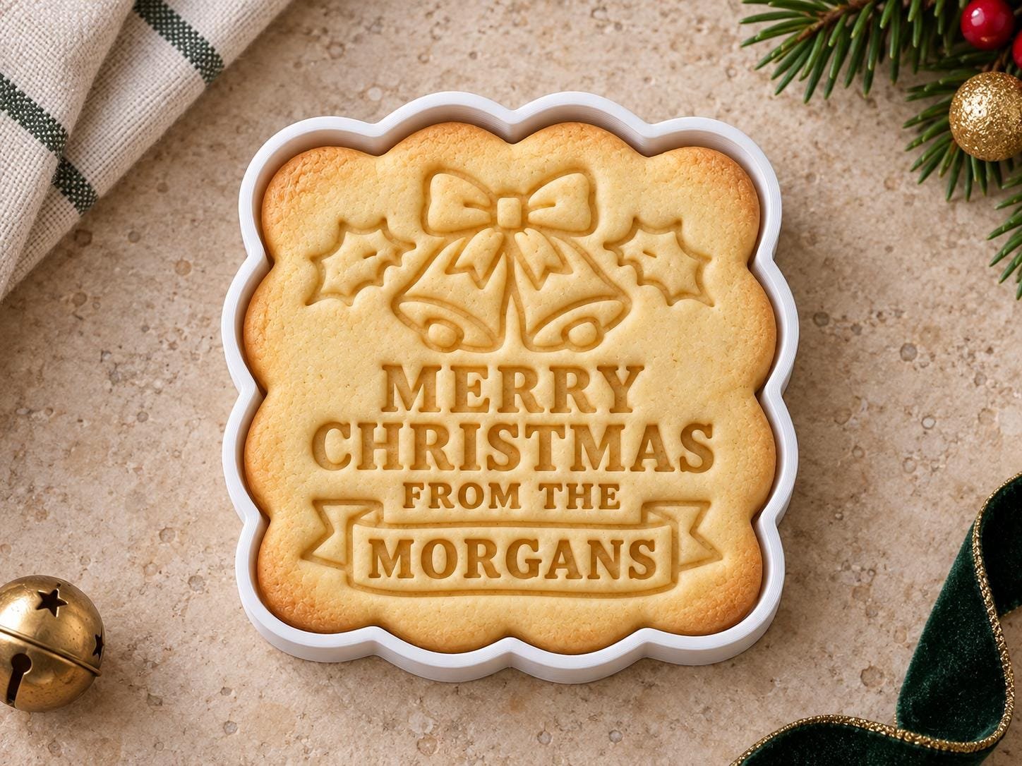 Personalized Christmas Bells Cookie Cutter and Stamp Set, Scalloped Square Family Name, 3 Inch - Image 3