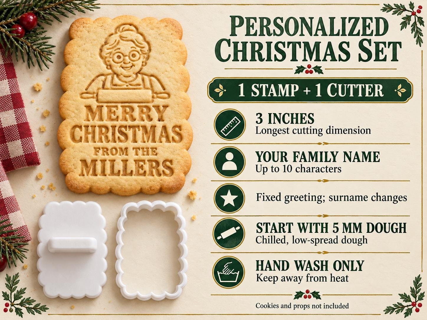 Personalized Grandma Christmas Cookie Cutter and Stamp Set, Vintage Kitchen Family Name, 3 Inch - Image 3