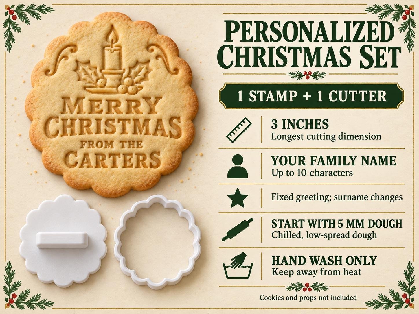 Personalized Christmas Candle Cookie Cutter and Stamp Set, Vintage Holly Family Name, 3 Inch - Image 3