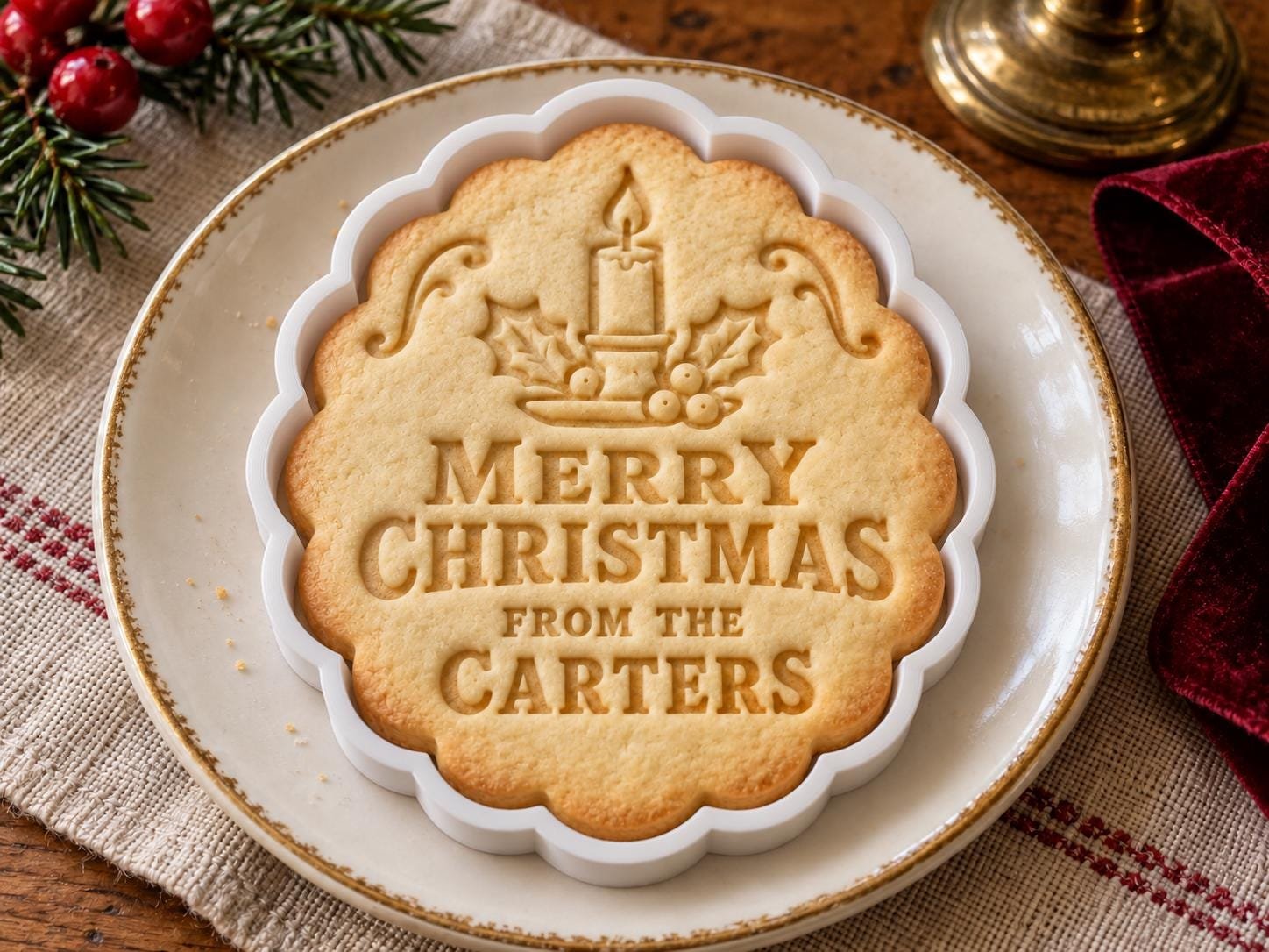 Personalized Christmas Candle Cookie Cutter and Stamp Set, Vintage Holly Family Name, 3 Inch - Image 4