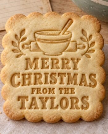 Personalized Christmas Baking Cookie Cutter and Stamp Set, Vintage Mixing Bowl Family Name, 3 Inch