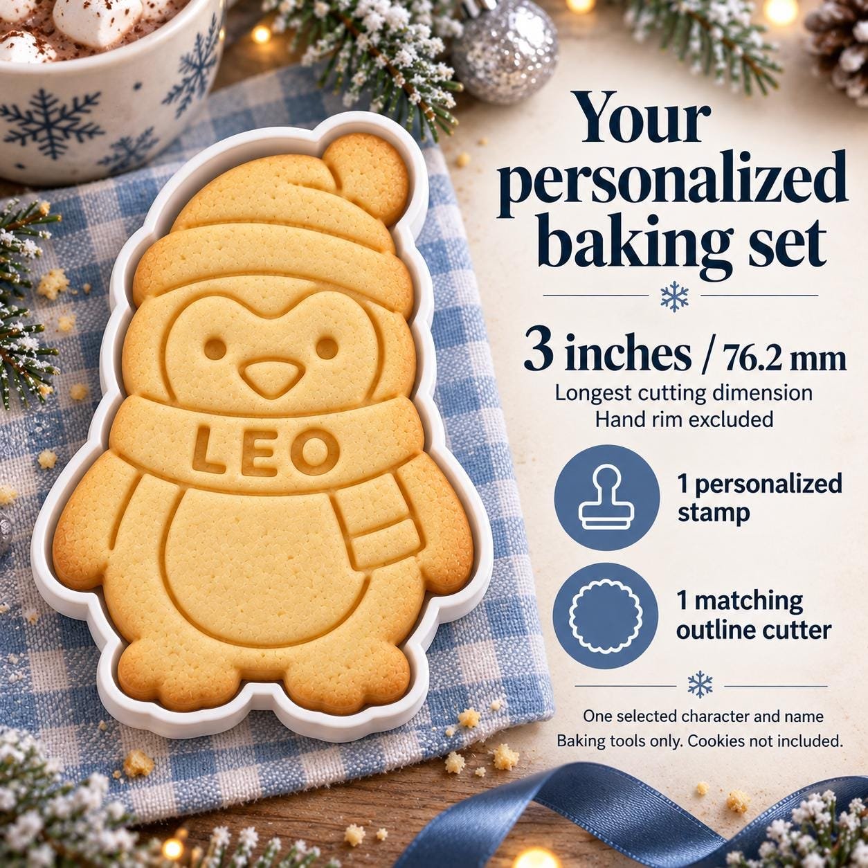 Personalized Penguin Cookie Cutter and Stamp, Boy or Girl, 3-Inch Winter Baking Set - Image 4