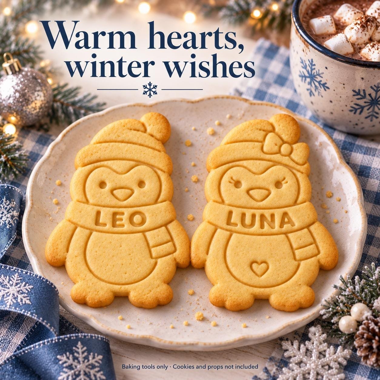 Personalized Penguin Cookie Cutter and Stamp, Boy or Girl, 3-Inch Winter Baking Set