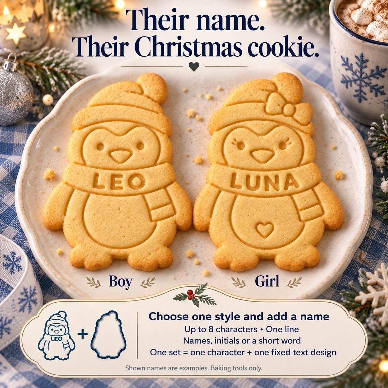 Personalized Penguin Cookie Cutter and Stamp, Boy or Girl, 3-Inch Winter Baking Set - Image 3