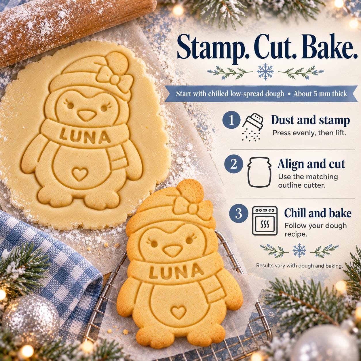 Personalized Penguin Cookie Cutter and Stamp, Boy or Girl, 3-Inch Winter Baking Set - Image 5