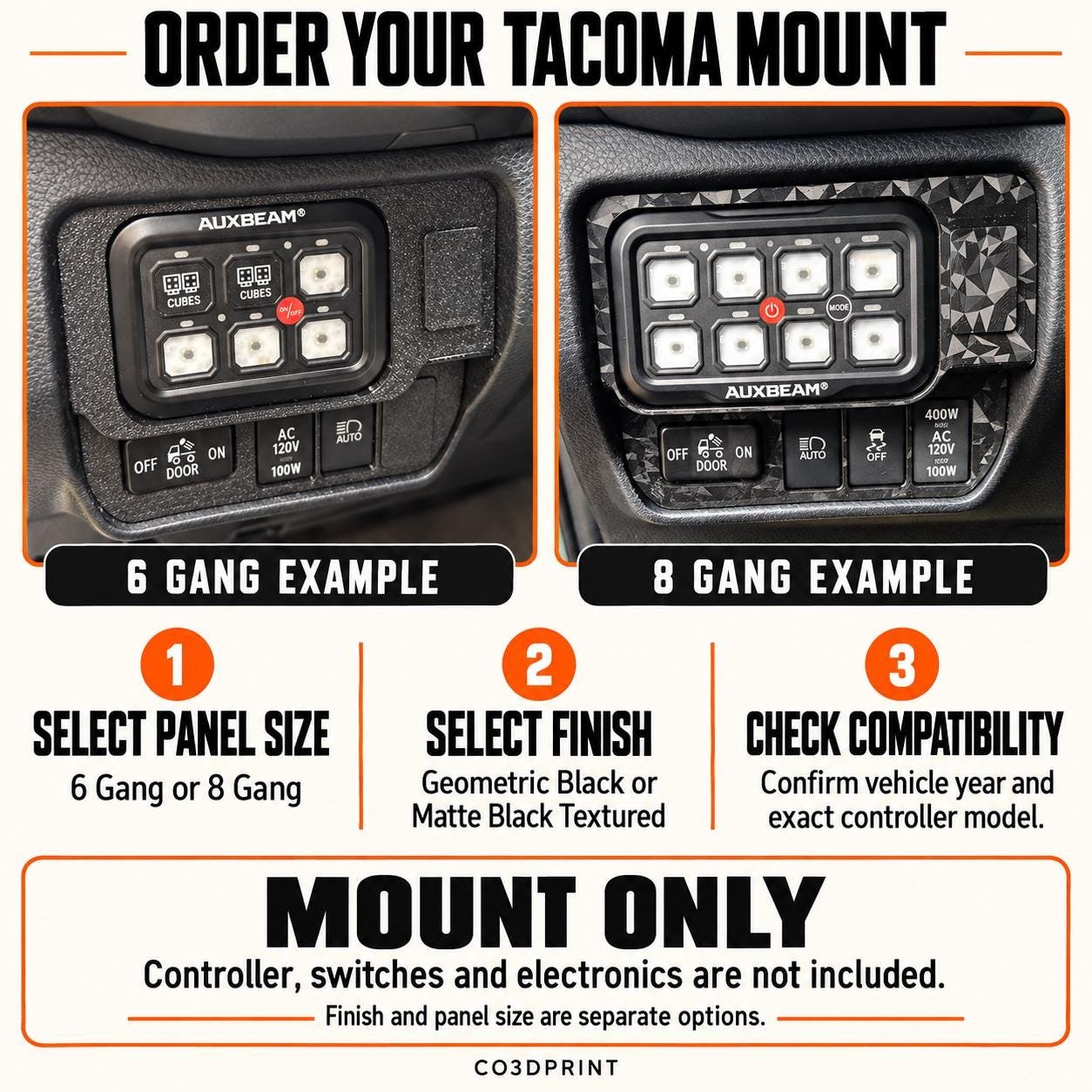 Tacoma 3rd Gen Auxbeam Switch Panel Mount, 2016–2023 Dash Bezel, 6/8 Gang - Image 9