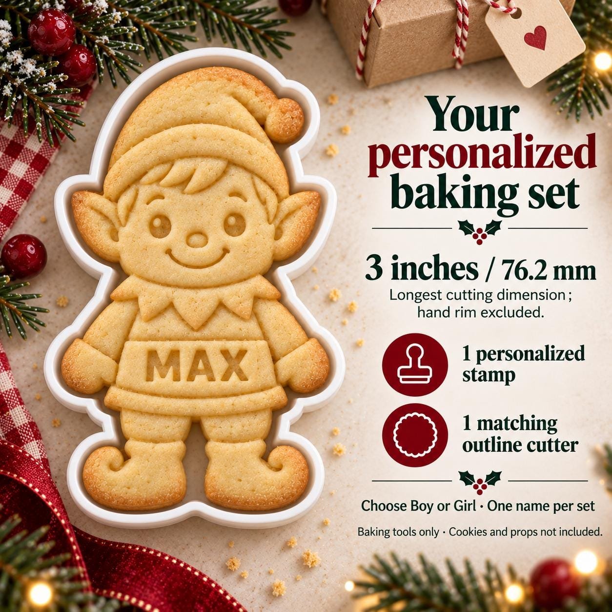 Personalized Christmas Elf Cookie Cutter and Stamp, Boy or Girl, 3-Inch - Image 4