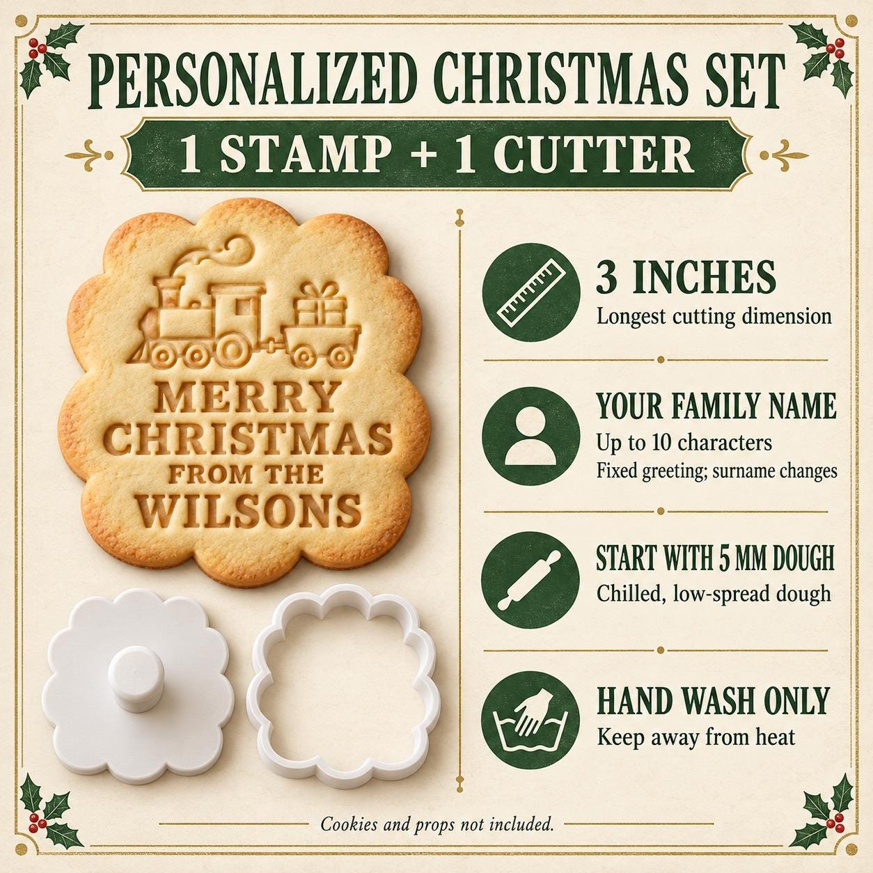 Personalized Christmas Train Cookie Cutter & Stamp Set, Custom Family Name (3 Inch) - Image 3
