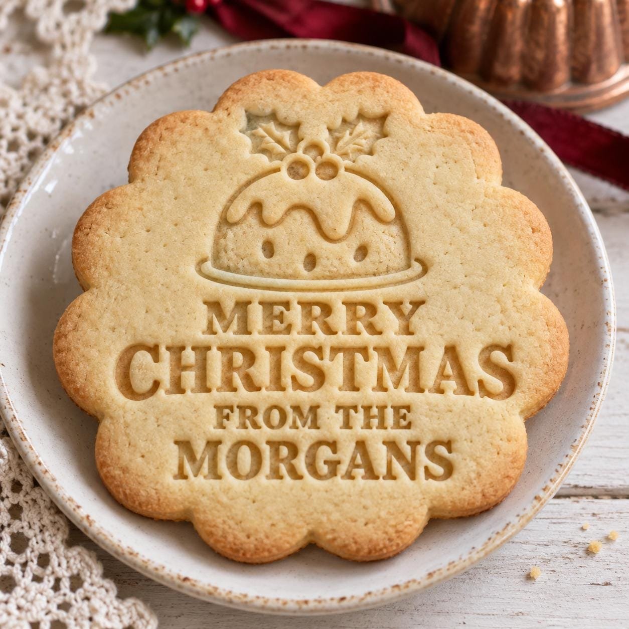 Personalized Christmas Pudding Cookie Cutter & Stamp Set, Custom Family Name (3 Inch)