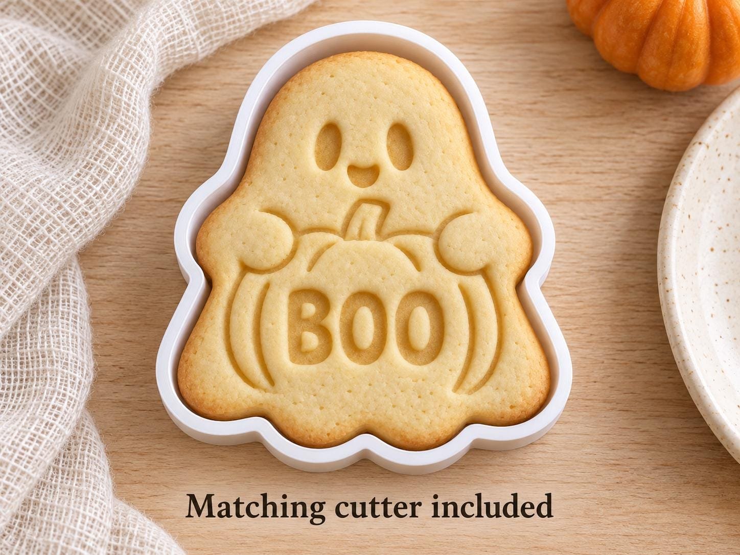 Ghost Pumpkin Cookie Cutter and Stamp Set, BOO Halloween Baking Design, 3 Inch - Image 4