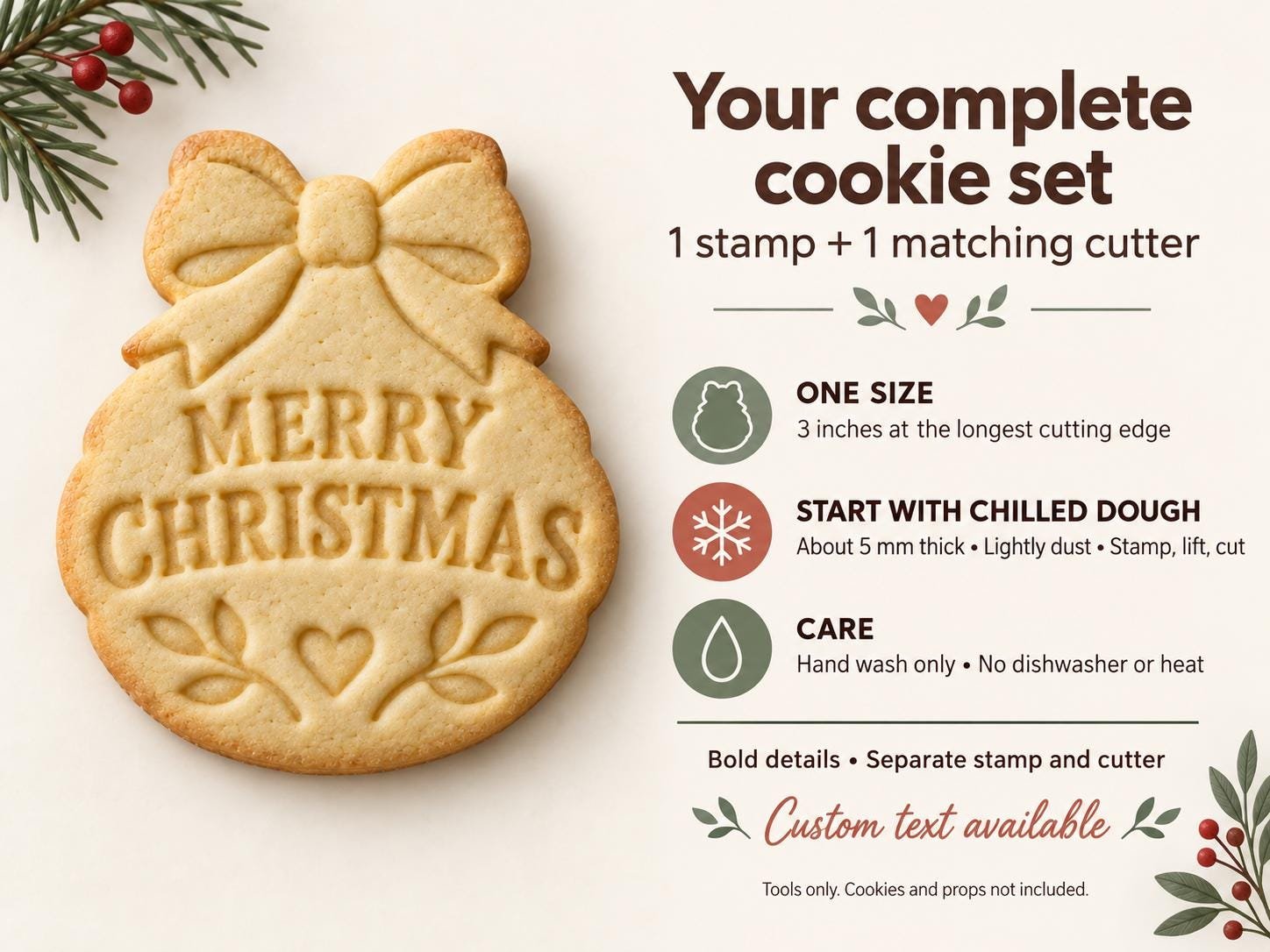 Personalized Christmas Ornament Cookie Cutter and Stamp Set, Scalloped Bow Design, 3 Inch - Image 3