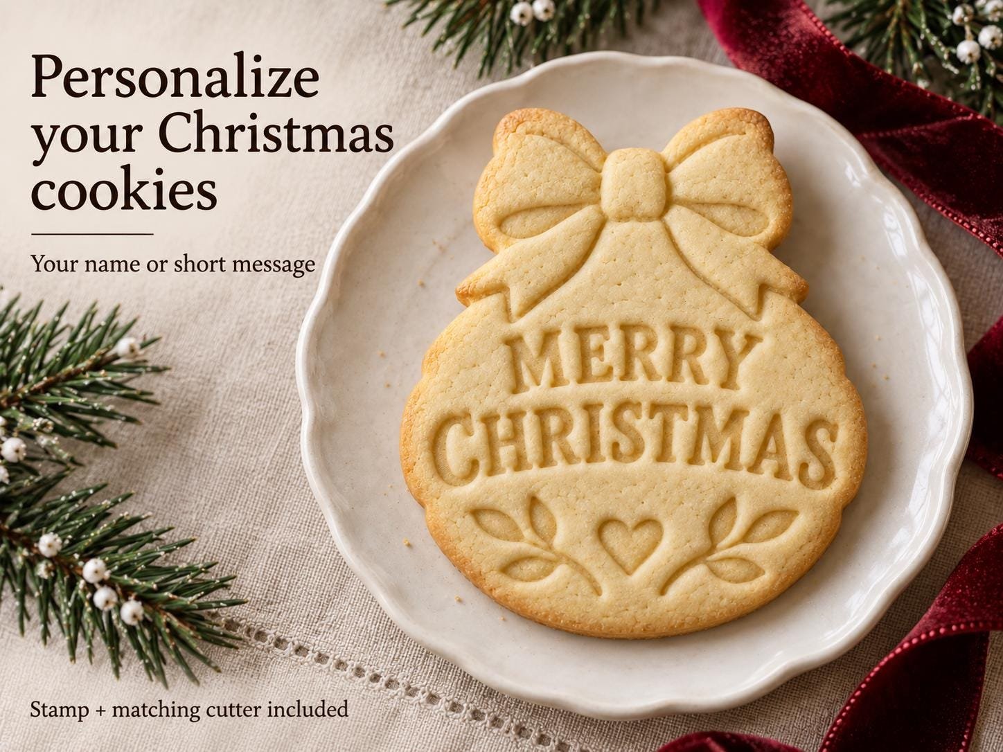 Personalized Christmas Ornament Cookie Cutter and Stamp Set, Scalloped Bow Design, 3 Inch