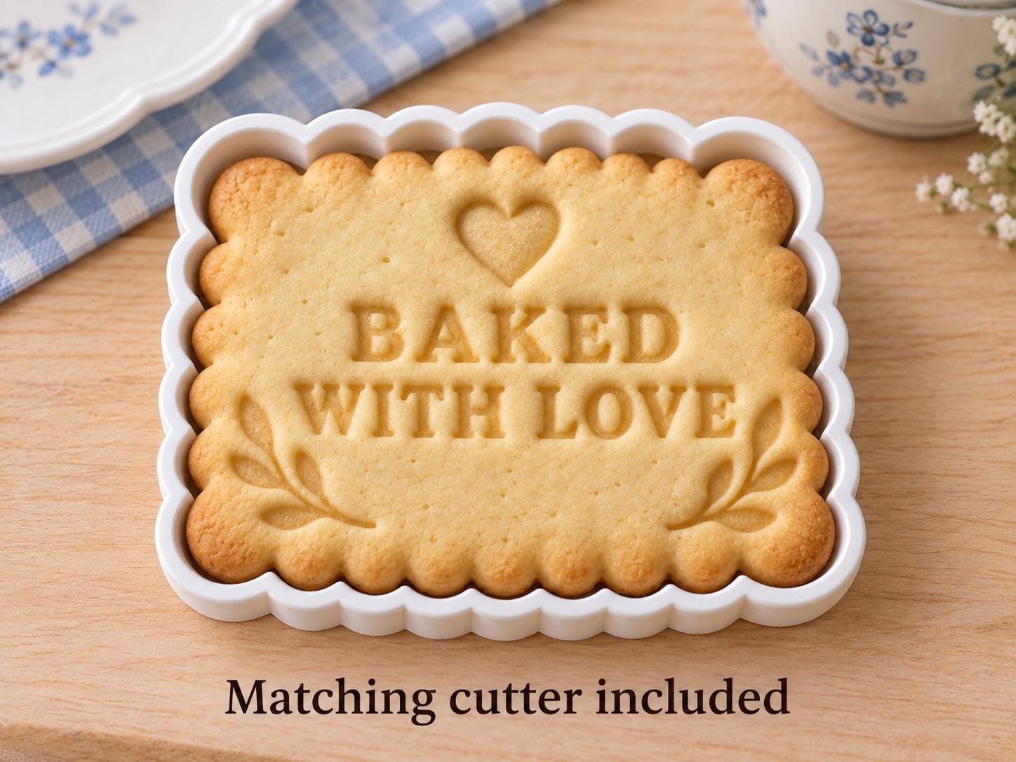 Baked With Love Cookie Cutter and Stamp Set, Scalloped Vintage Biscuit Design, 3 Inch - Image 4