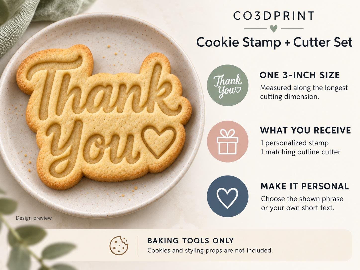 Thank You Cookie Cutter and Stamp Set, Personalized Heart Script, 3 Inch - Image 3