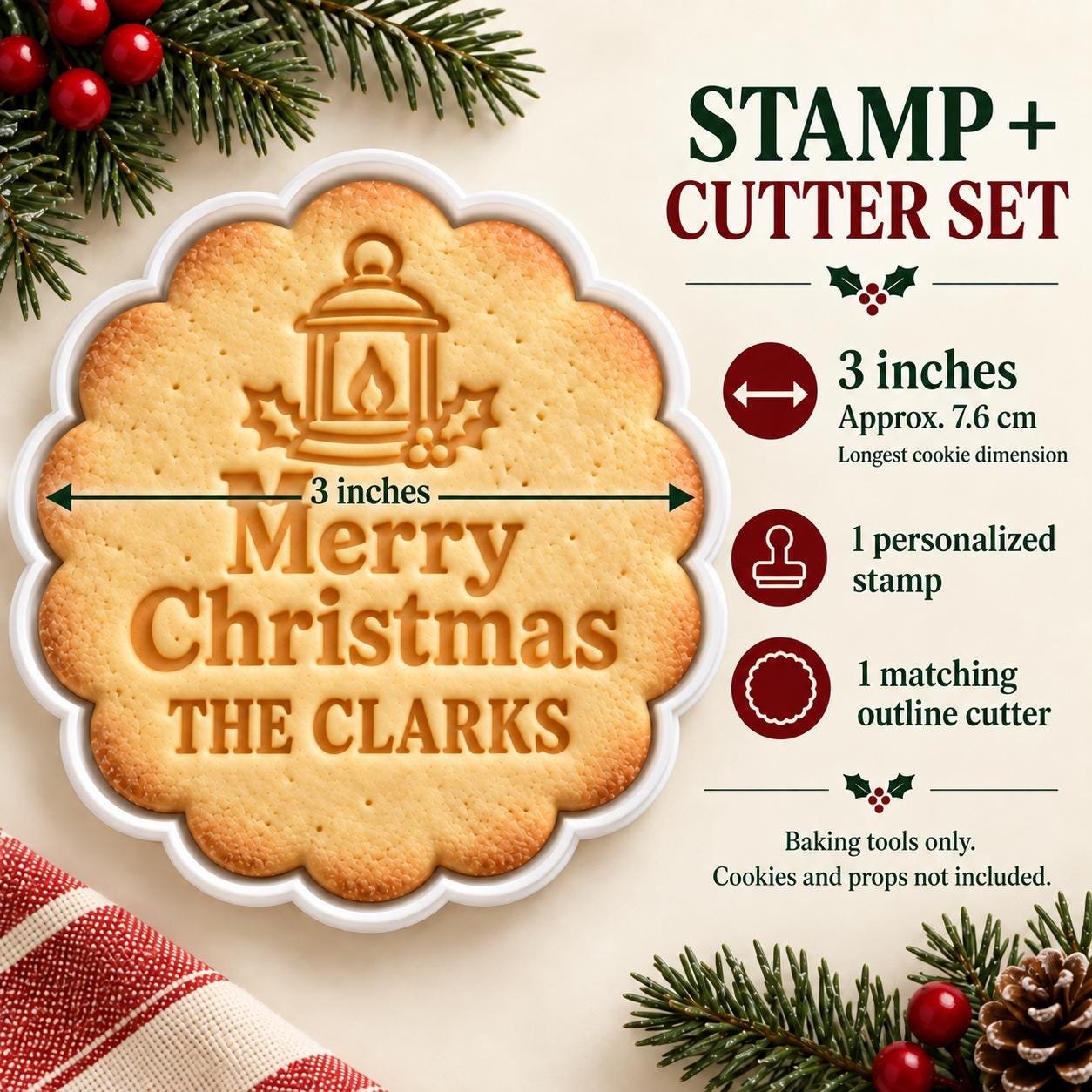 Personalized Christmas Lantern Cookie Stamp and Cutter, Custom Family Name, 3 Inch - Image 3
