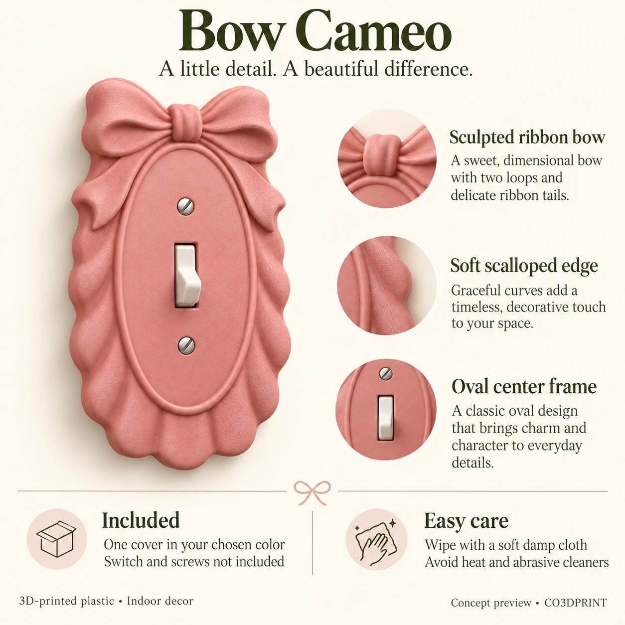 Bow Switch Plate, Scalloped Single Toggle Cover, Bow Cameo Cottagecore Decor - Image 4