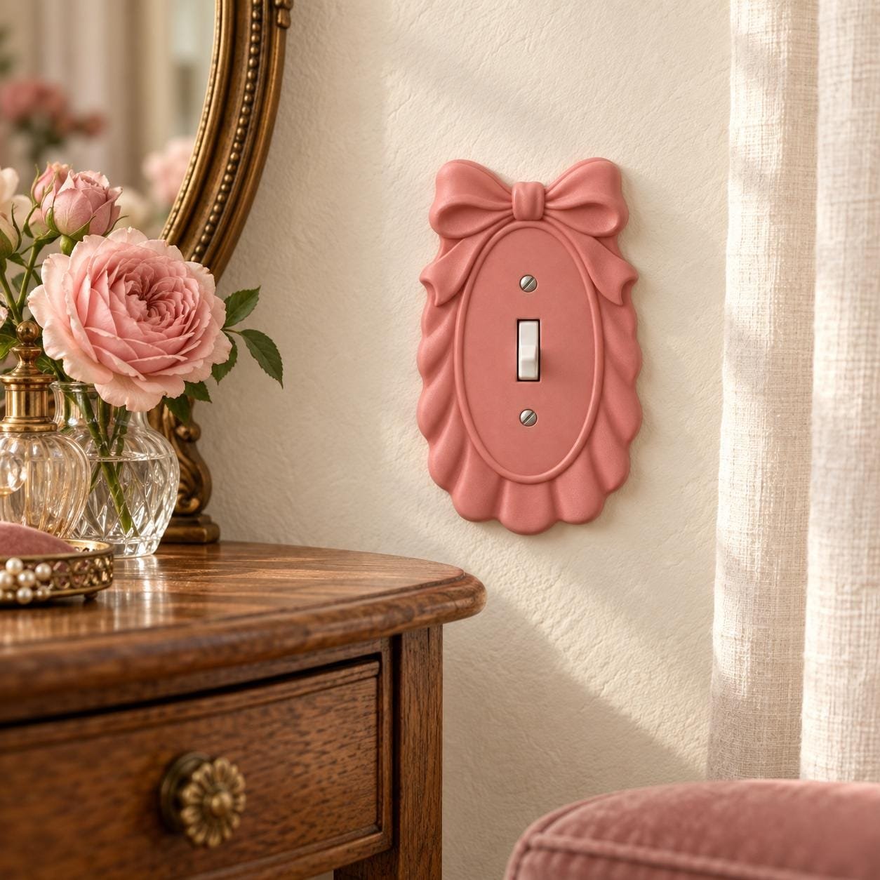 Bow Switch Plate, Scalloped Single Toggle Cover, Bow Cameo Cottagecore Decor - Image 2
