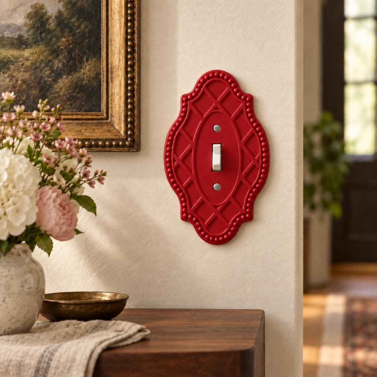 Beaded Trellis Switch Plate, Ornate Single Toggle Cover, Pearl Trellis Vintage Decor - Image 2