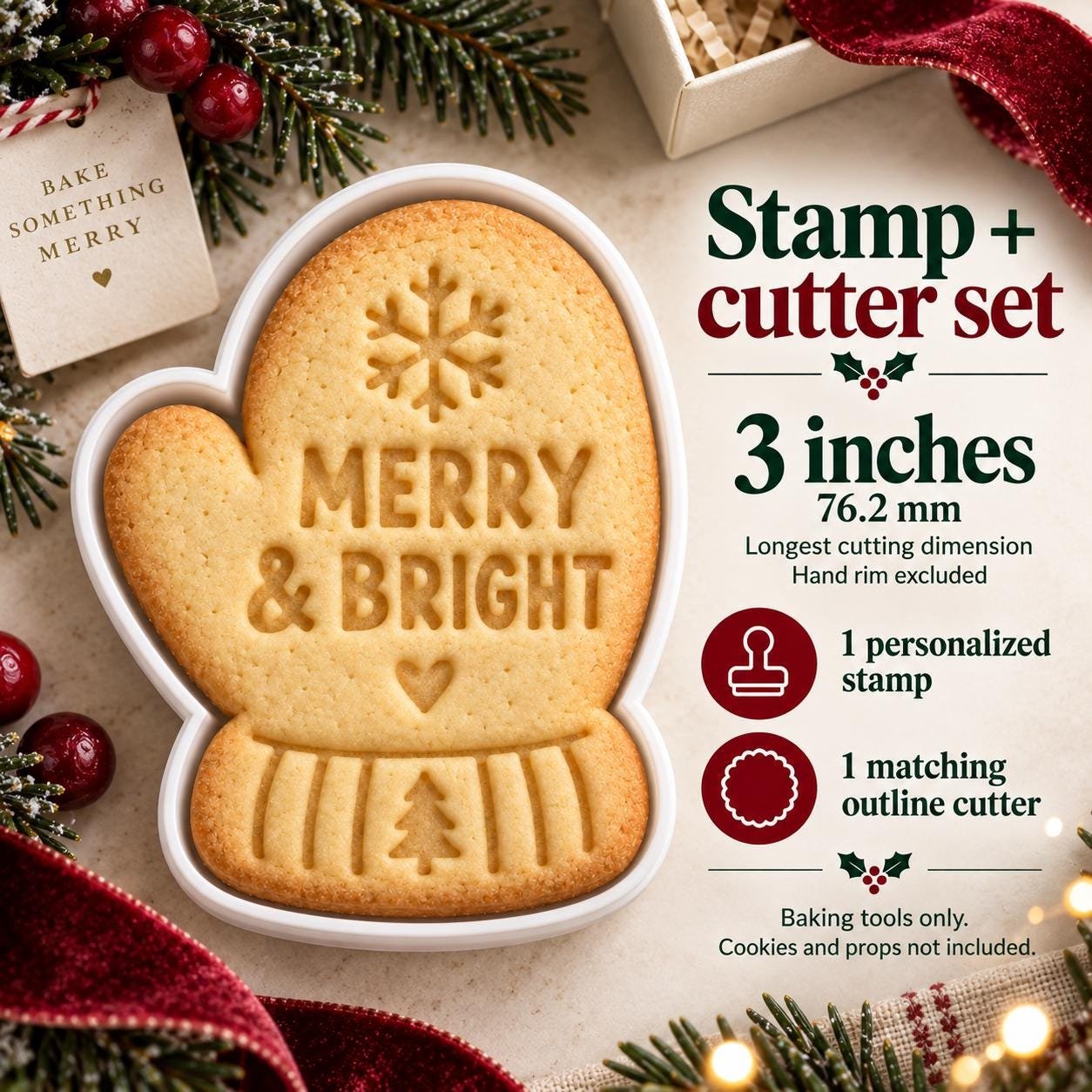 Personalized Mitten Cookie Stamp and Cutter, 3-Inch Christmas Baking Set - Image 4