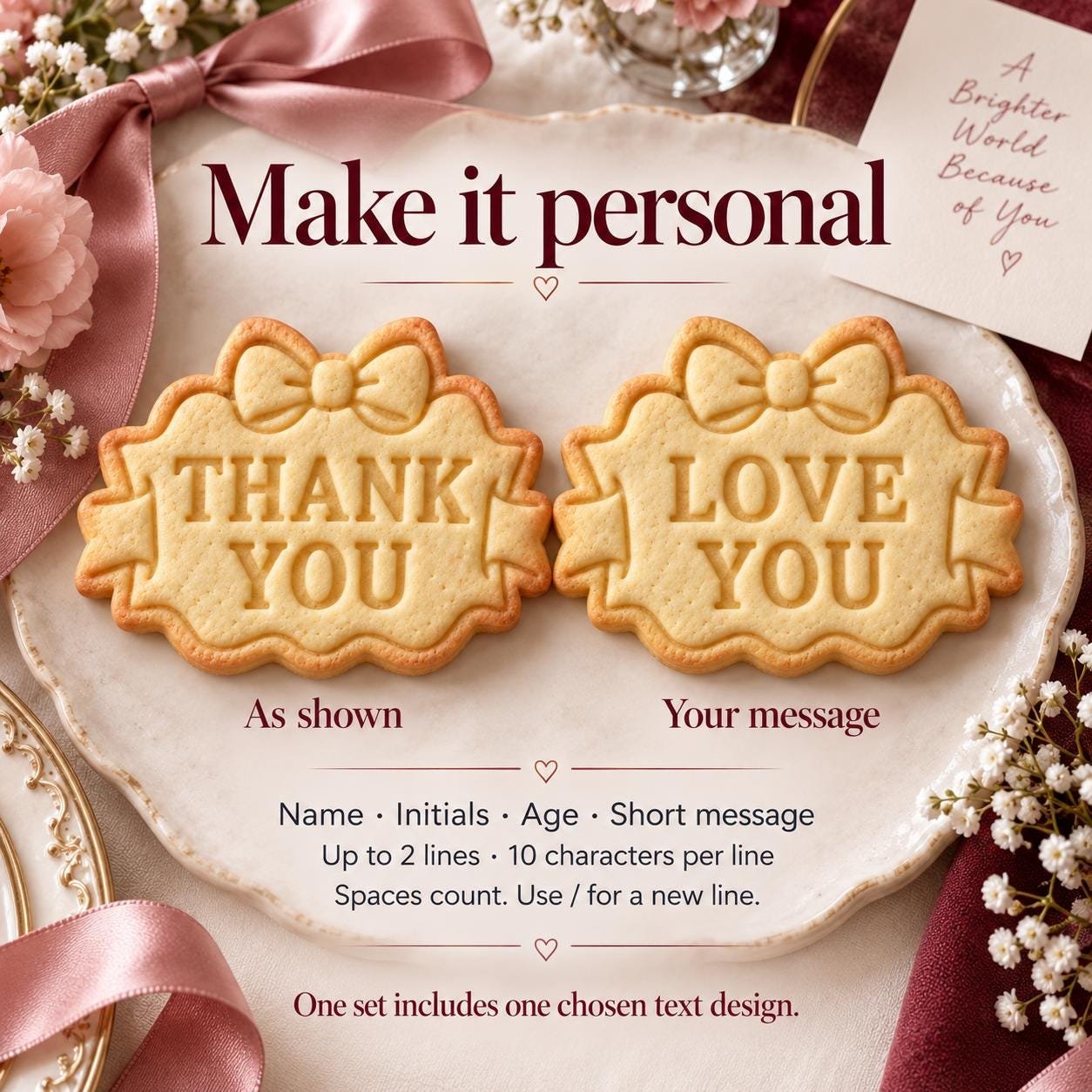 Personalized Bow Plaque Cookie Stamp and Cutter, 3-Inch Custom Message Set - Image 3