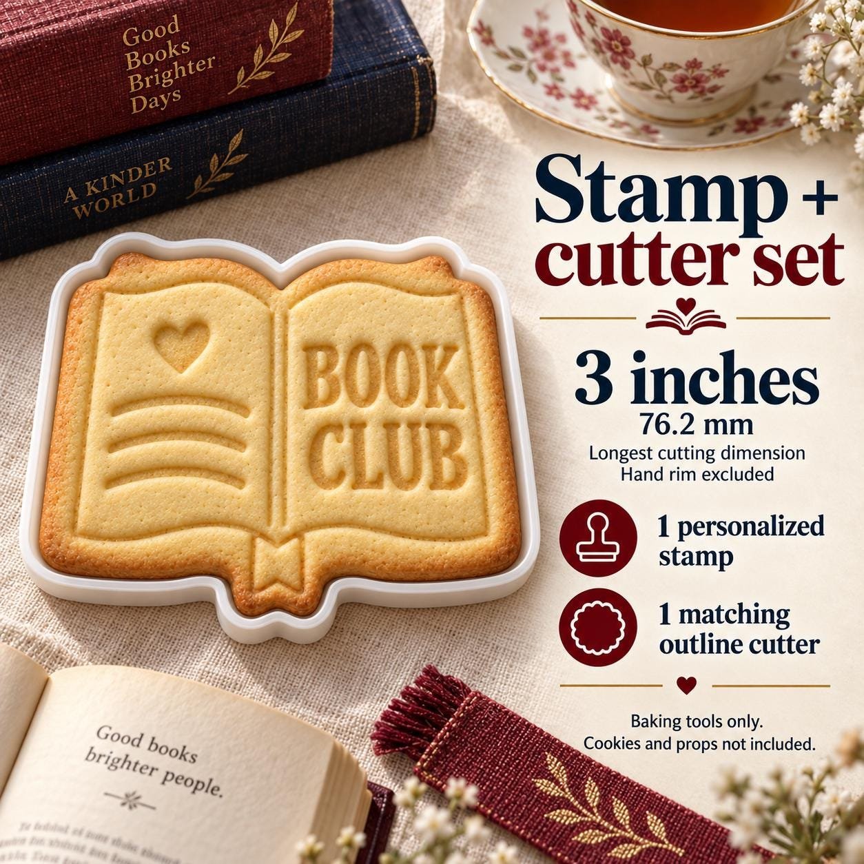 Personalized Book Cookie Stamp and Cutter, 3-Inch Book Club Baking Set - Image 4