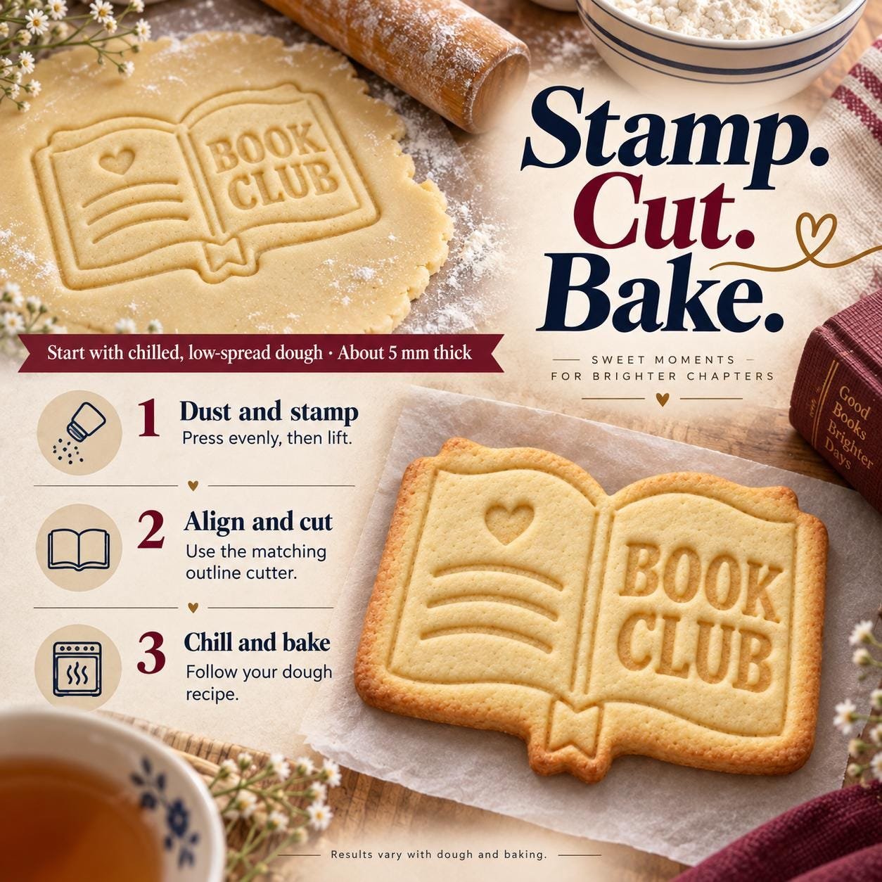 Personalized Book Cookie Stamp and Cutter, 3-Inch Book Club Baking Set - Image 5