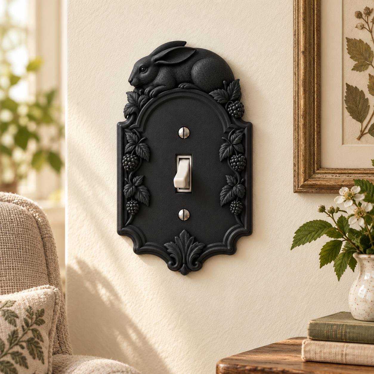 Rabbit Light Switch or Outlet Cover, Botanical Cottage Wall Plate, Bramble Hare - Image 3