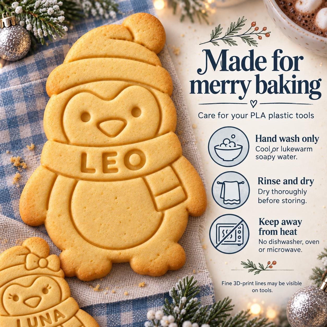 Personalized Penguin Cookie Cutter and Stamp, Boy or Girl, 3-Inch Winter Baking Set - Image 6